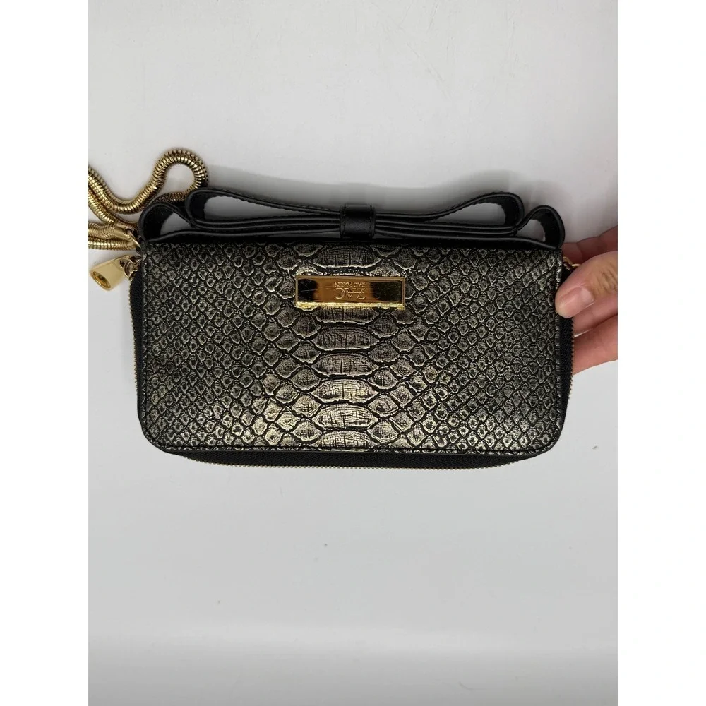 ZAC Zac Posen Metallic Snake Embossed Bow Zip Around Wristlet Wallet AS IS